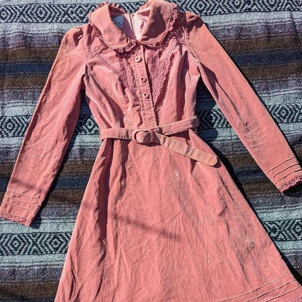 Vintage 1970s 70s rose/mauve velvet maxi prairie dress
